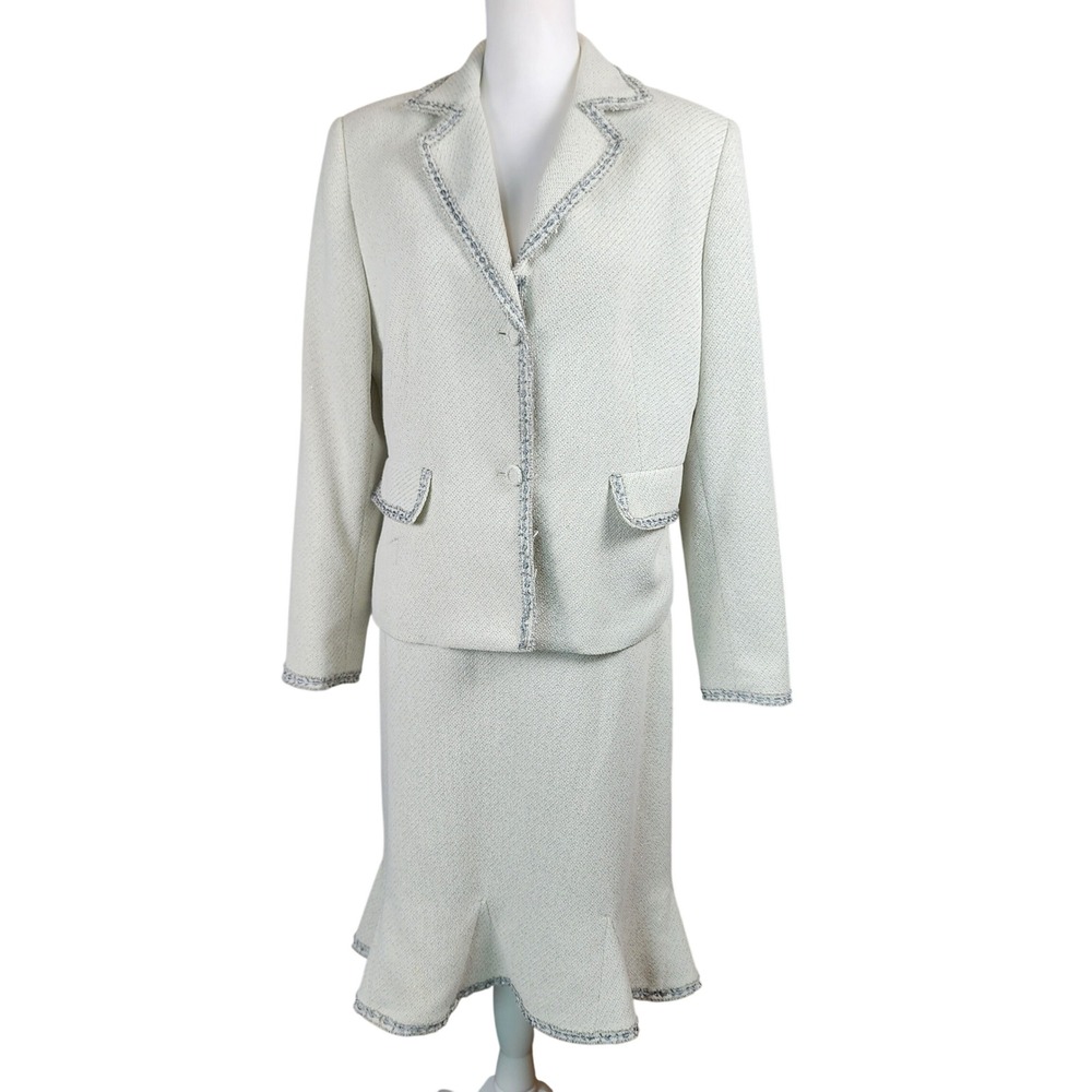 Nipon Boutique 2pc Metallic Skirt Suit Womens 12 Cream Silver Wedding MOB MOG